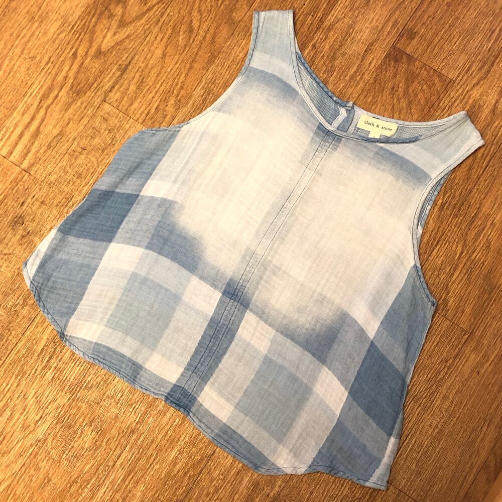 Anthropologie Cloth & Stone Blue Plaid Cotton Button Back Tank Top Size Large